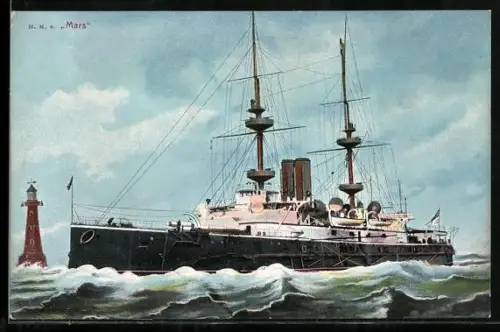 AK Kriegsschiff H.M.S. Mars passiert Leuchtturm in bewegter See