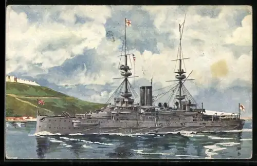 Künstler-AK Kriegsschiff HMS Victorious nahe der Küste