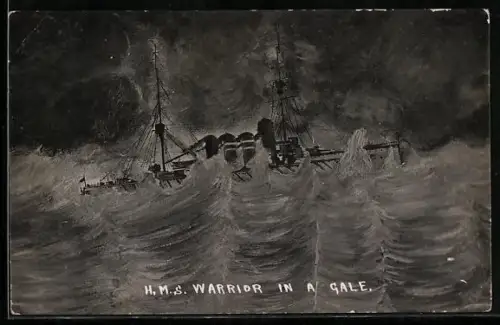Künstler-AK H.M.S. Warrior in a gale, Kriegsschiff