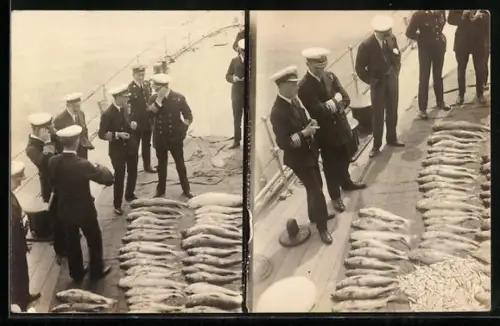 Foto-AK Britische Seeoffiziere betrachten Fischfang auf dem Vorschiff eines Kriegsschiffes