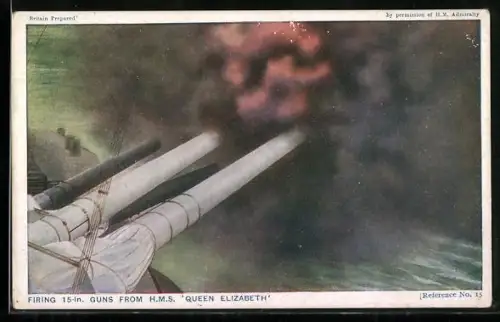 AK Geschütze des englischen Kriegsschiffes Queen Elizabeth werden abgefeuert