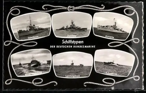 AK Schiffstypen der deutschen Bundesmarine, dabei Zerstörer Z-1, Korvette, Landungsboot, Schnellboot