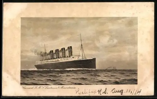 AK Passagierschiff Lusitania & Mauretania der Cunard Line auf hoher See, versenkt durch U 20