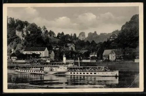 AK Raddampfer Leipzig auf der Elbe vor Rathen