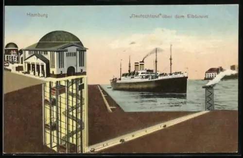 AK Hamburg, Passagierschiff Deutschland über dem Elbtunnel