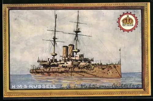 Künstler-AK Schlachtschiff H.M.S. Russell vor Anker liegend, Kriegsschiff
