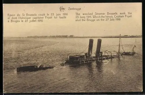 AK Zeebrugge, The wrecked steamer Brussels sunk the 23 June 1916