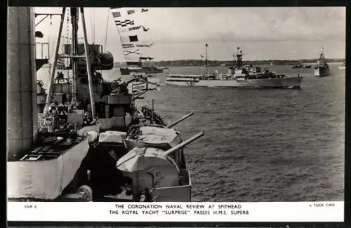 AK Spithead, The Royal Yacht Surprise passes H.M.S. Superb, The Coronation Naval Review
