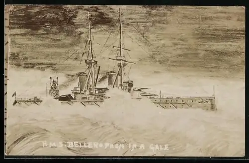 Künstler-AK H.M.S. Bellerophon in a gale, Kriegsschiff