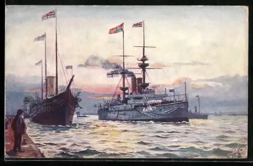 Künstler-AK Königliche Yacht H.M.S. Victoria and Albert und Schlachtschiff Renown in Küstennähe, Kriegsschiff