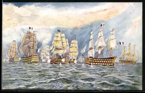 Künstler-AK Lord Rodney breaks the line at the Battle of the Saints 1782, Kriegsschiff