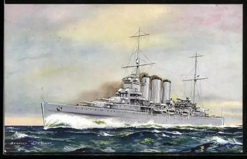 Künstler-AK Kriegsschiff H.M.S. Cumberland in Fahrt