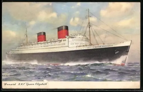 AK Cunard RMS Queen Elizabeth, Passagierdampfer in rauher See