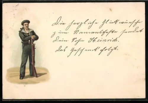 Lithographie Deutscher Marinesoldat mit Landungsausrüstung