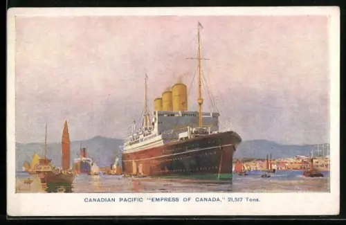 Künstler-AK Passagierschiff Empress of Canada im Hafen vor Anker liegend