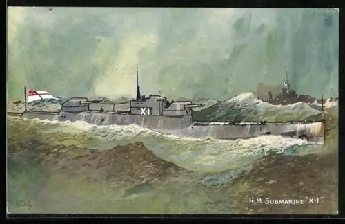 AK U-Boot H. M. Submarine X-1 in schwerer See an der Wasseroberfläche