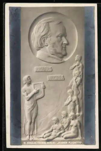 AK Bildnis von Richard Wagner im Profil, darunter nackte Menschen, Wagner Plaquette