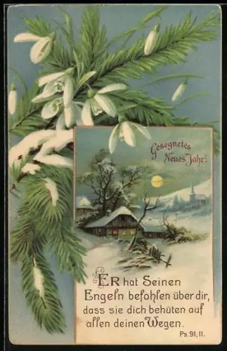 AK Schneebedecktes Haus mit Sinnspruch, ER hat Seinen Engeln befohlen über dir, dass sie dich behüten, Ps. 91,11.