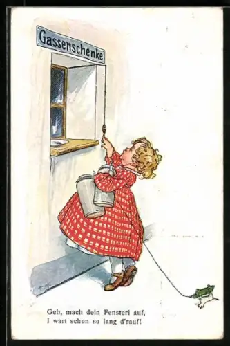 AK Mädchen mit Hund auf einem Rollbrett an der Leine steht mit Einmachgläsern an der Schenke