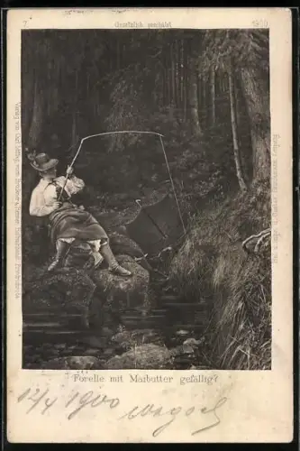 AK Anglerin in Tracht steht an einem Bach