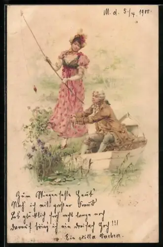 AK Pärchen geht gemeinsam auf einem See Angeln