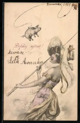 AK Attraktive Frau mit einem Sparschwein als Köder an ihrer Angel