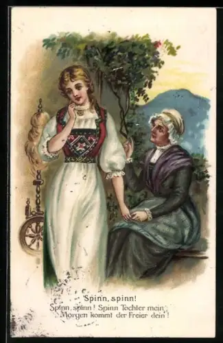 Präge-AK Mutter hält ihre hübsche Tochter zum Spinnen an