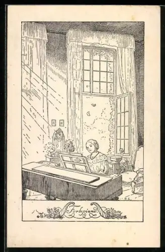 AK Junge Dame sitzt am Klavier, während die Sonne durch ihre Fenster scheint