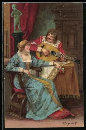 Künstler-AK sign. V. Schivert: Mann spielt die Laute für eine Dame