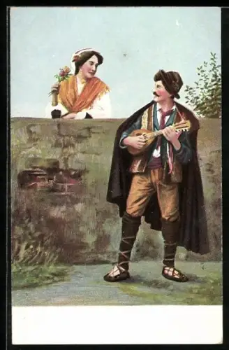 AK Frau beobachtet einen Mann beim Spielen seiner Laute