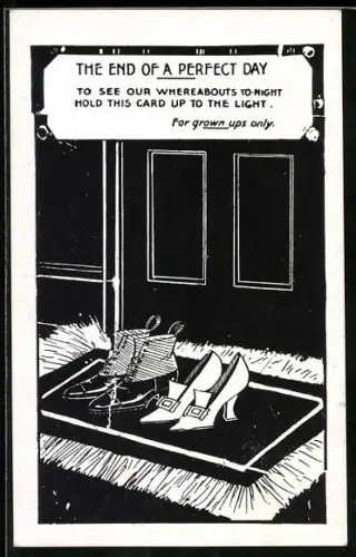 AK Zwei Paar Schuhe vor einer Tür, The end of a perfect day, Halt gegen das Licht, Scherzkarte