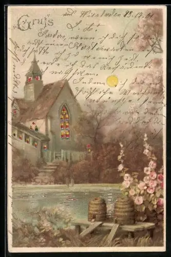 AK Bienenstocke am Flussufer gegenüber der Kirche, leuchtende Fenster im Gegenlicht, Halt gegen das Licht