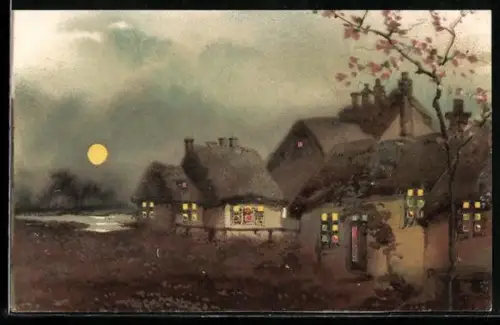 AK Dorfpartie mit leuchtenden Fenstern und Mond im Gegenlicht, Halt gegen das Licht