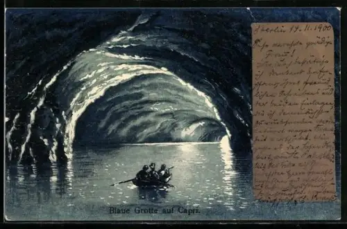 Lithographie Ruderboot in der Blauen Grotte auf Capri, Leuchtet im Dunklen, Halt gegen das Licht