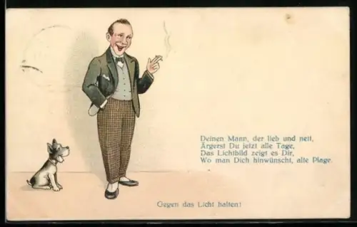 AK Herr raucht vergnügt eine Zigarette, Frau hinter Gittern im Gegenlicht, Halt gegen das Licht