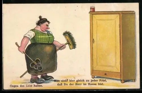 AK Frau mit Besen und Teppichklopfer, Mann versteckt sich im Schrank, Halt gegen das Licht