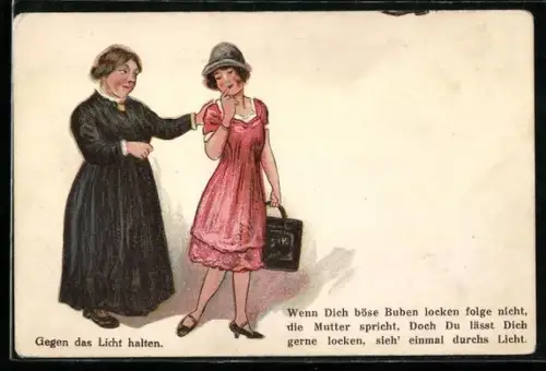 AK Mutter warnt ihre Tochter, Frau auf dem Schoss eines Mannes im Gegenlicht, Halt gegen das Licht