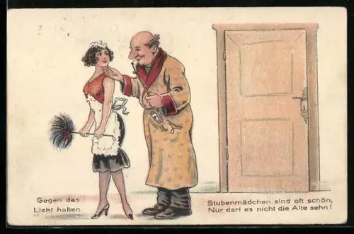 AK Mann mit dem Dienstmädchen, Stubenmädchen sind oft schön..., seine Frau mit Teppichklopfer, Halt gegen das Licht