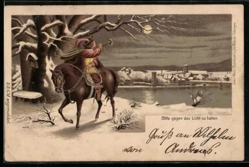 Lithographie Der Trompeter von Säckingen zu Pferd, Behüt dich Gott im Gegenlicht, Halt gegen das Licht