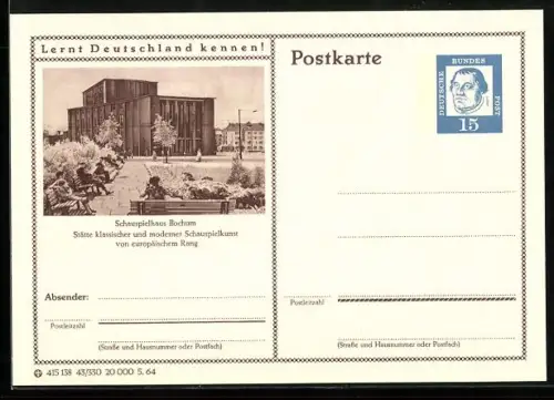 AK Bochum, Blick auf das Schauspielhaus, Ganzsache Lernt Deutschland kennen