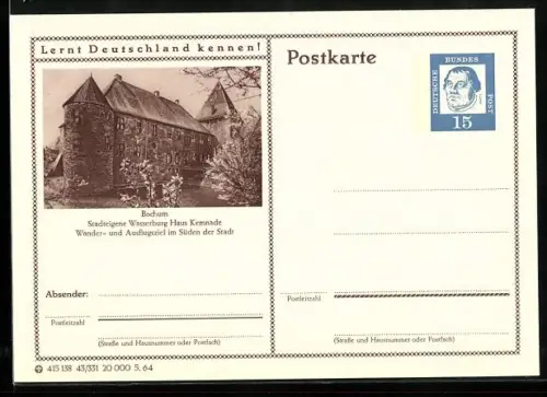 AK Bochum, Wasserburg Haus Kemnade, Ganzsache Lernt Deutschland kennen