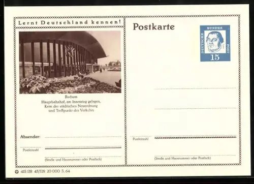 AK Bochum, Hauptbahnhof am Innenring, Ganzsache Lernt Deutschland kennen