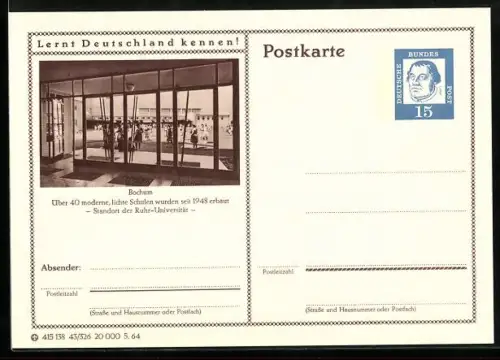 AK Bochum, Eingang einer Schule, Ganzsache Lernt Deutschland kennen