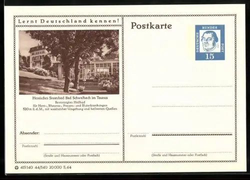 AK Bad Schwalbach im Taunus, Blick zum Kurhaus, Ganzsache Lernt Deutschland kennen