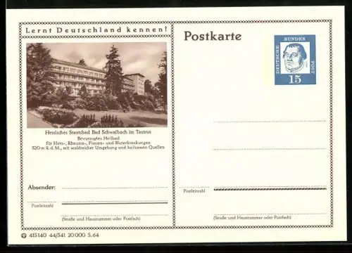 AK Bad Schwalbach im Taunus, Grünanlage vor dem Kurhaus, Ganzsache Lernt Deutschland kennen