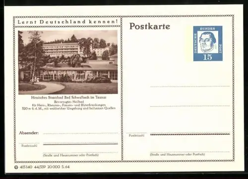 AK Bad Schwalbach i. Taunus, Blick zum Kurhaus, Ganzsache Lernt Deutschland kennen