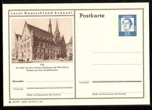 AK Ulm, Rathaus und Kirchturm, Ganzsache Lernt Deutschland kennen
