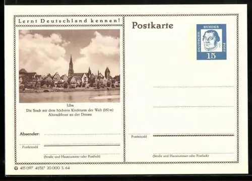 AK Ulm, Altstadtfront an der Donau, Ganzsache