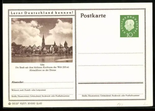 AK Ulm, Altstadtfront an der Donau, Ganzsache Lernt Deutschland kennen