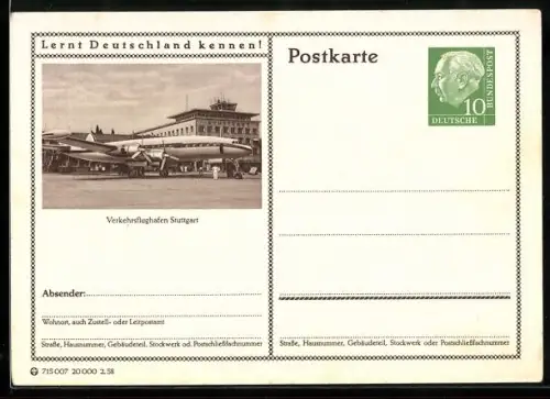 AK Stuttgart, Verkehrsflughafen, Ganzsache Lernt Deutschland kennen